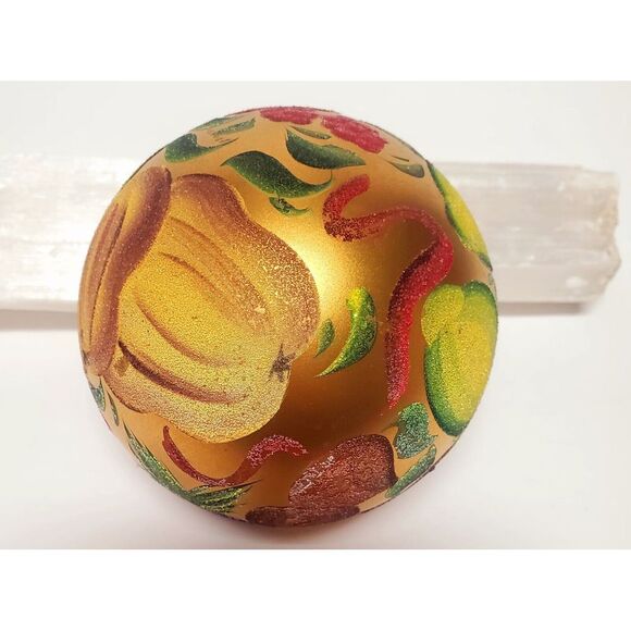 Hand Painted Ornament 4"Brassy Gold Jewel Tone Fruits Flocked Texture w/ Sparkle - Picture 10 of 14